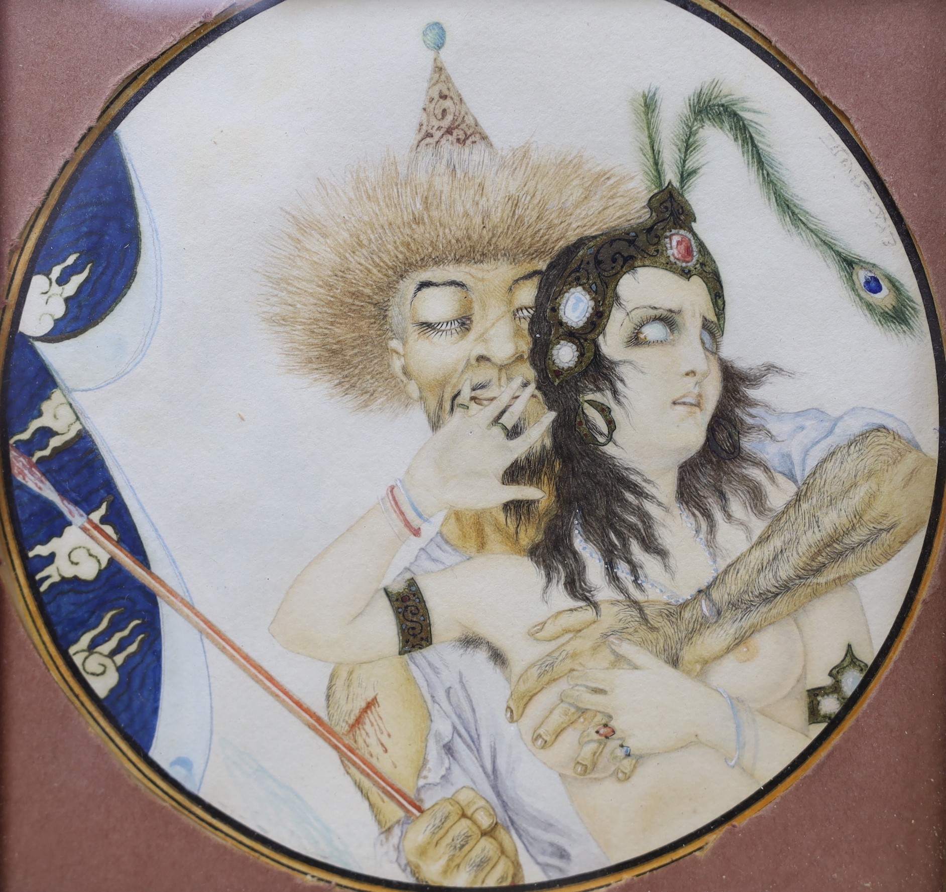 English School c.1910, watercolour on paper, Nude and Mongol warrior, indistinctly signed E. Kas..., tondo, 13.5cm